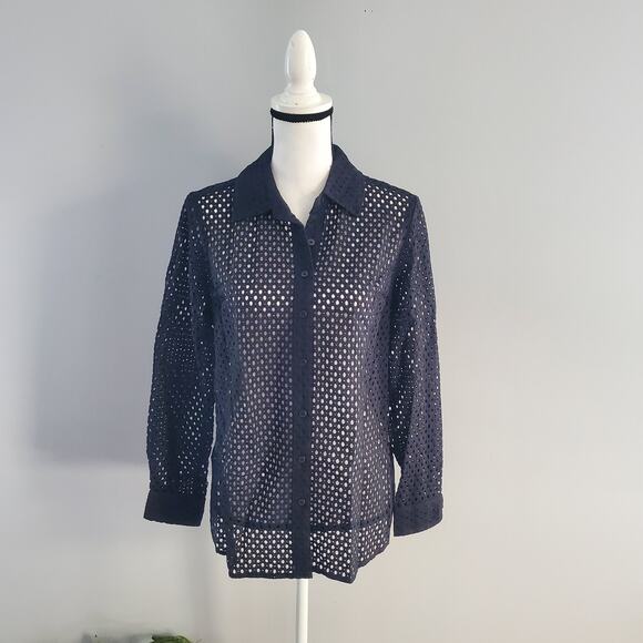denim & co Black Netted Long Sleeve Button Down Shirt XS - Picture 1 of 7